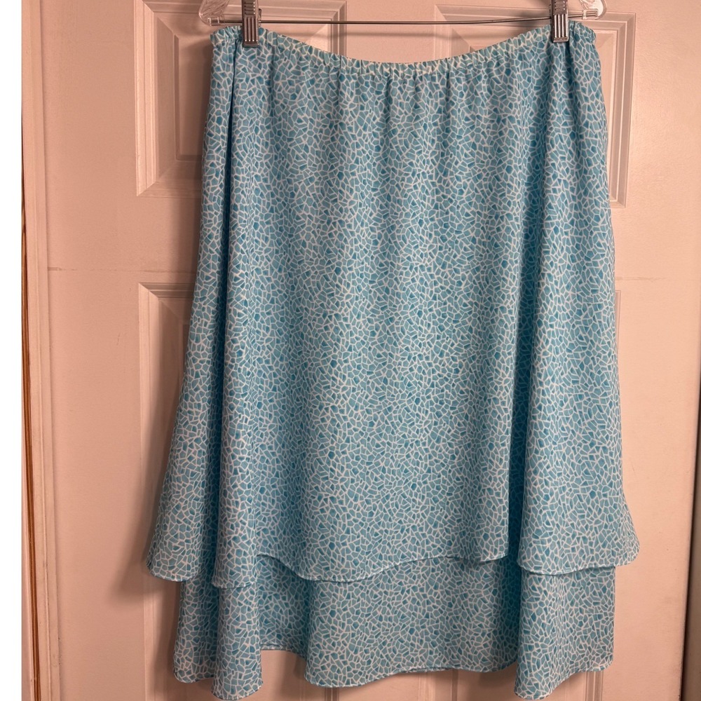 Coldwater Creek XL Blue White Mosaic Print Tiered knee Skirt Elastic‎ Waist